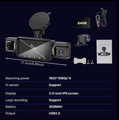 4-Channel 360° Dash Cam with Parking Monitor & OBD Cable